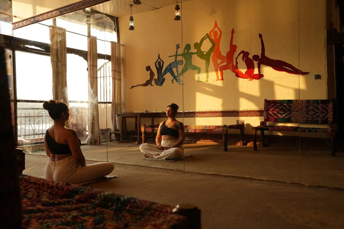 Yoga hall at Samatva Yogalaya in Rishikesh, peaceful space for yoga and meditation practice